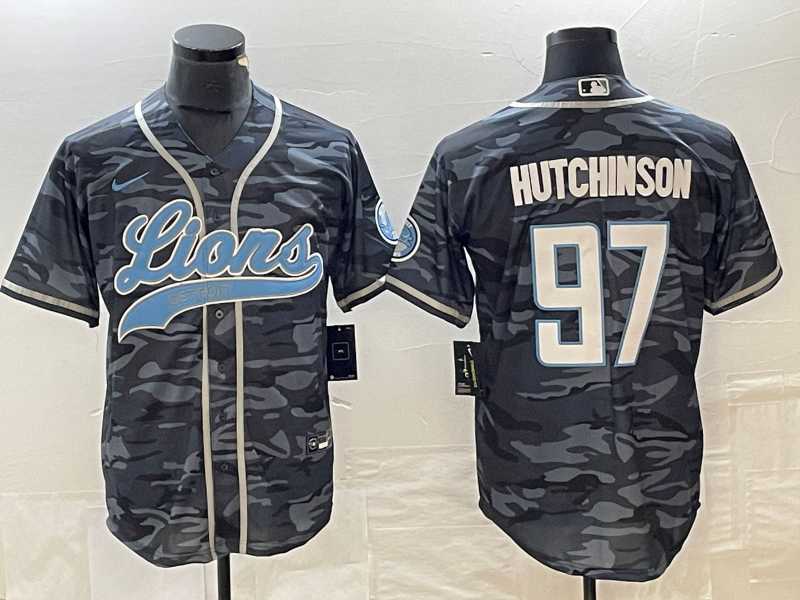 Men's Detroit Lions #97 Aidan Hutchinson Grey Camo With Patch Cool Base Baseball Limited Jersey